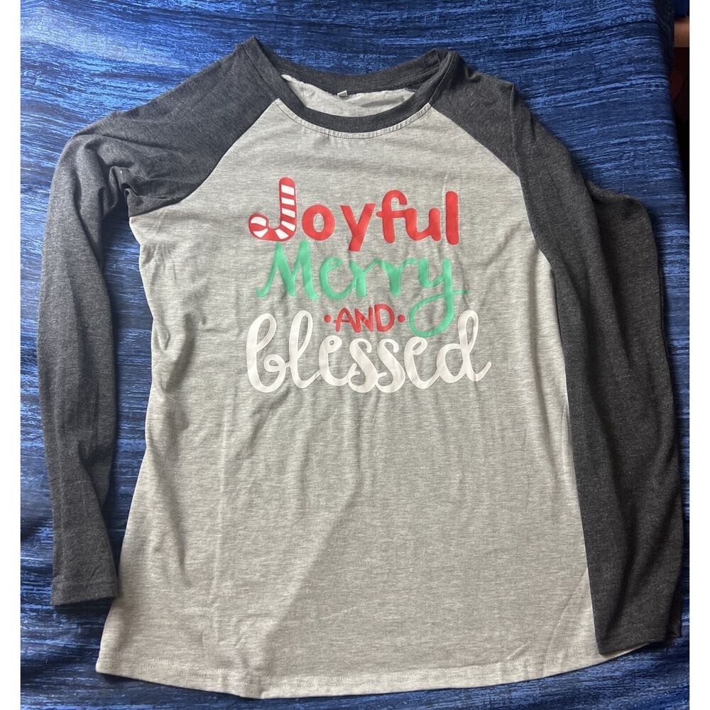 Holiday Joyful Merry & Blessed T Shirt Raglan Sleeve Christmas Shirt Mens M New